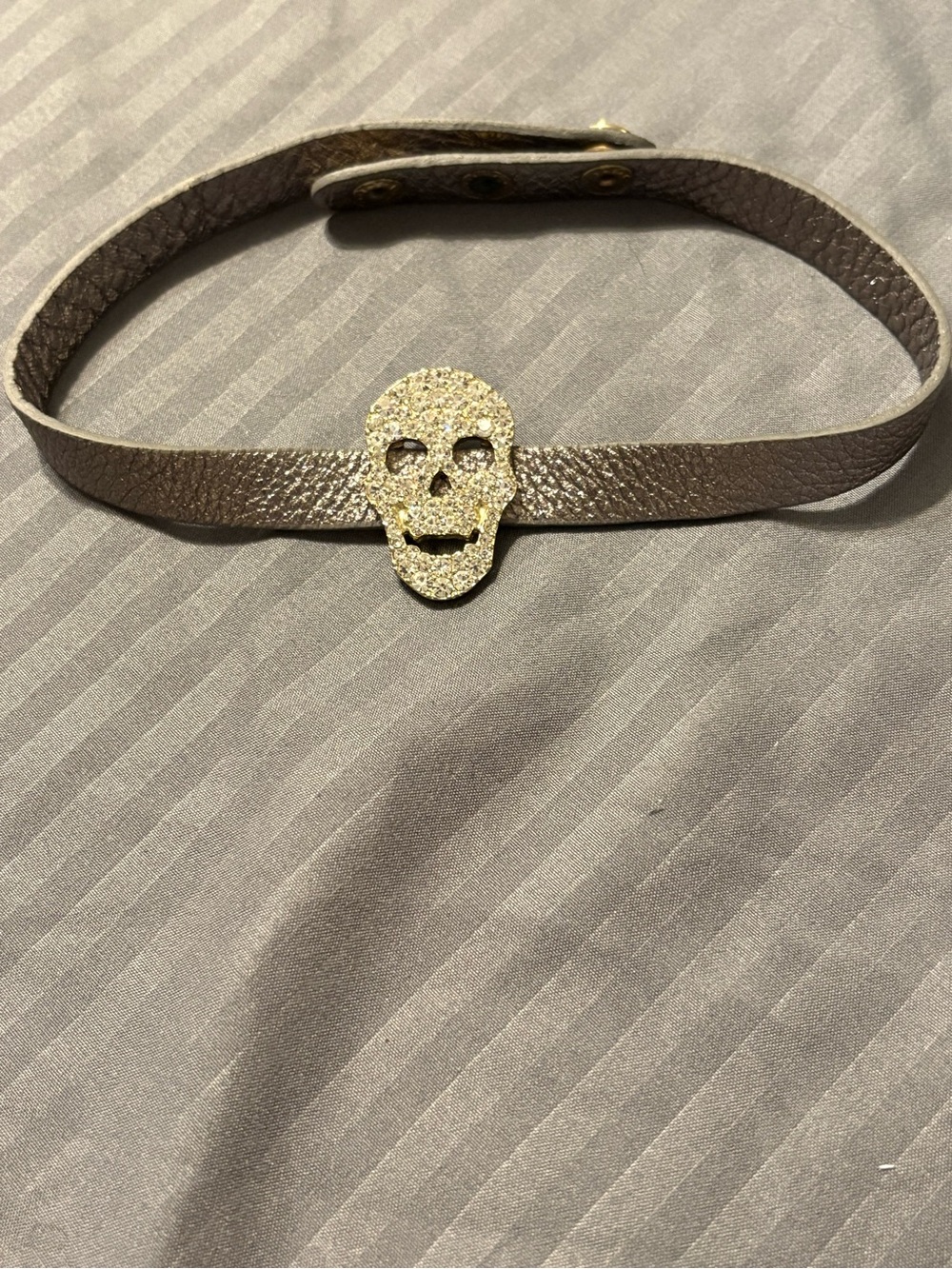 Rhinestone Skull Accent Taupe Leather wrap around bracelet 16”